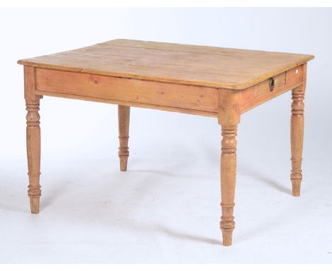 A VICTORIAN PINE KITCHEN TABLE WITH ROUNDED RECTANGULAR TOP, FITTED SINGLE FRIEZE DRAWER ON TURNED LEGS, 75CM H; 118 X 98CM  