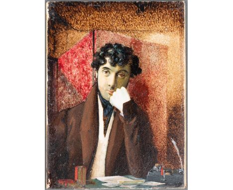 BRITISH SCHOOL, EARLY 19TH C - PORTRAIT MINIATURE OF A YOUNG MAN, SEATED HALF LENGTH IN A BROWN COAT AT A WRITING TABLE, IVOR