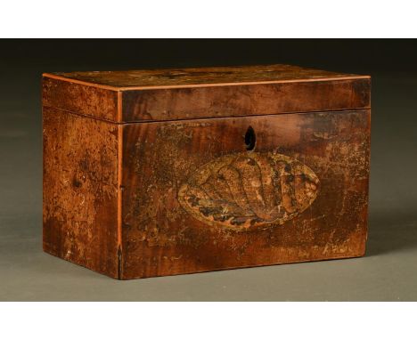 A GEORGE III MAHOGANY TEA CADDY, WITH BOXWOOD STRINGING, THE LID AND FRONT INLAID WITH SHADED SHELL OVAL PATERA, THE FOILED I