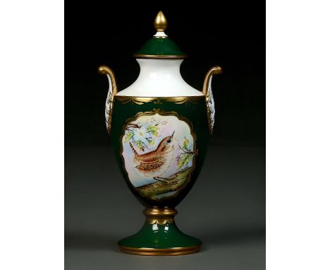 A CAVERSWALL GREEN GROUND&nbsp; VASE AND COVER, PAINTED BY W R TIPTON, SIGNED, WITH AN WREN ON A BRANCH, 25.5CM H, PRINTED MA