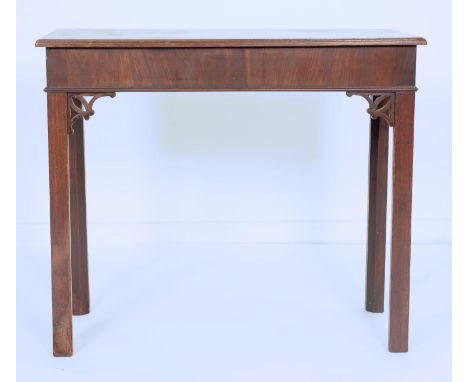 A GEORGE III MAHOGANY SIDE TABLE, C1800, WITH PIERCED BRACKETS, 70CM H; 40 X 83CM  Top associated, brackets replaced, one bra