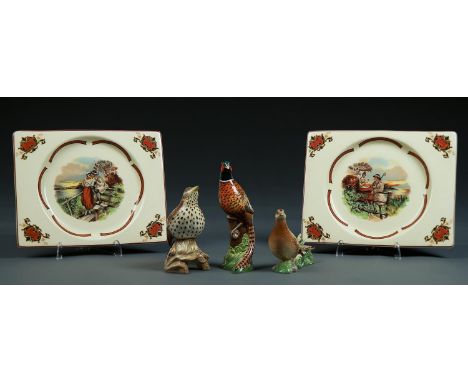 [CLARICE CLIFF] A PAIR OF A J WILKINSON BIARRITZ PLATES, 1933-48, PRINTED WITH A GIRL AND SWAIN OR ANGLER AT A STILE, 26.5CM 