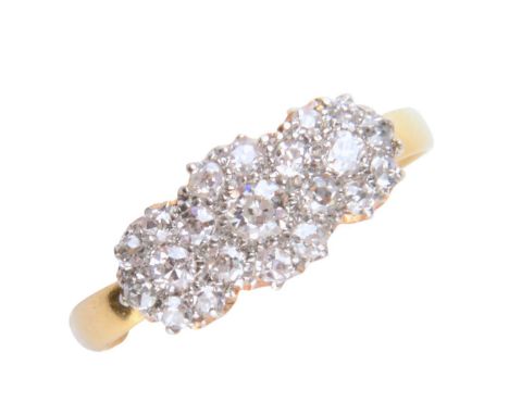 A DIAMOND TRIPLE CLUSTER RING, WITH OLD CUT DIAMONDS, THE ASSOCIATED 22CT GOLD HOOP, BIRMINGHAM 1870, 2.9G, SIZE Q½  Hoop sli