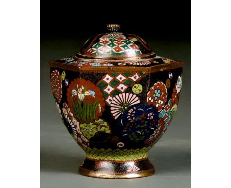 A JAPANESE HEXAGONAL CLOISONNÉ ENAMEL KORO AND COVER, MEIJI PERIOD, DECORATED WITH FLOWERS AND TEXTILE PATTERNS, KIKU KNOP, 1