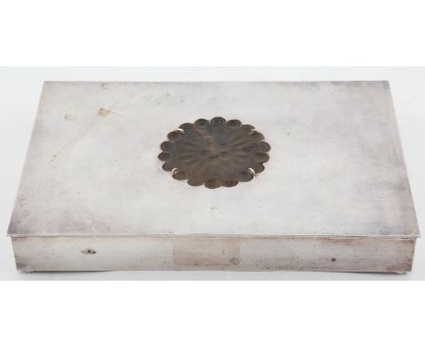A CHRISTIAN DIOR EPNS&nbsp; CIGARETTE BOX, C1970, THE LID INSET WITH A CARVED GREEN HARDSTONE STYLISED FLOWERHEAD, CEDAR LINE
