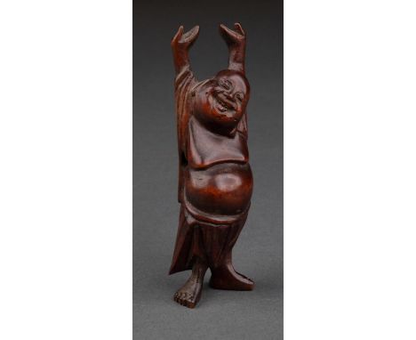 A JAPANESE CARVED AND STAINED WOOD NETSUKE OF HOTEI WITH ARMS UPRAISED, 20TH C, 10CM H  Good condition
