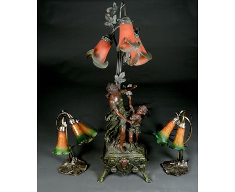 A REPRODUCTION RESIN FIGURAL LAMP, IN 19TH C STYLE, MODELLED AS FEMALE AND INFANT BEFORE A TRIPLE LEAFY BRANCH ISSUING THREE 