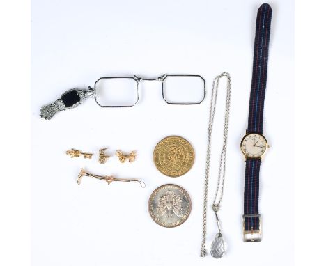 SILVER COIN. USA, FINE SILVER DOLLAR 1987, CASED, A PASTE AND MARCASITE BRIOLETTE, PENDANT&nbsp; A MARCASITE LORGNETTE, A GOL