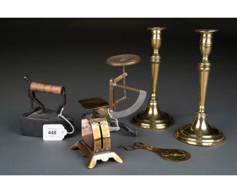 A PAIR OF GEORGE III BRASS CANDLESTICKS, EARLY 19TH C, 21.5CM H, A BRASS AND BLACK PAINTED IRON PENDULUM SCALE, ANOTHER VICTO