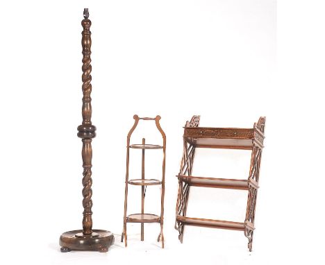 A MAHOGANY FOLDING CAKE STAND, TURNED WALNUT STANDARD LAMP AND REPRODUCTION MAHOGANY HANGING WALL SHELVES  