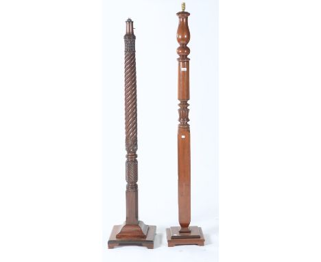 A WILLIAM IV MAHOGANY BED-POST, C1835, SPIRAL FLUTED PALMETTE CAPPED AND CHAMFERED BASE, ON SQUARE PEDESTAL, MOUNTED FOR ELEC