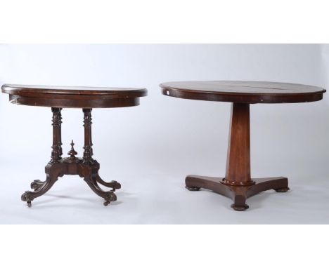 A VICTORIAN MAHOGANY BREAKFAST OR CENTRE TABLE, THE TOP MOULDED LIP ABOVE A TAPERED OCTAGONAL COLUMN, CIRCULAR MOULDED SOCLE 