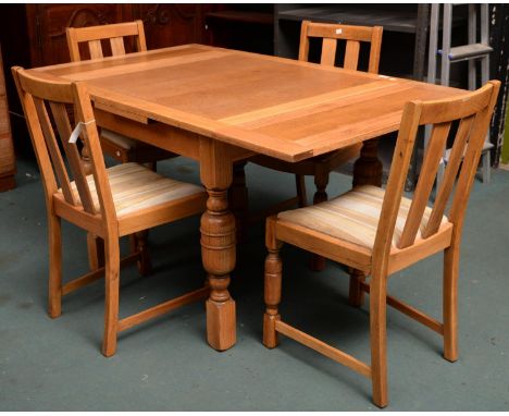A LIGHT OAK DRAW LEAF TABLE AND A SET OF FOUR CHAIRS, TABLE 74CM H; 91 X 91CM  Good clean solid condition