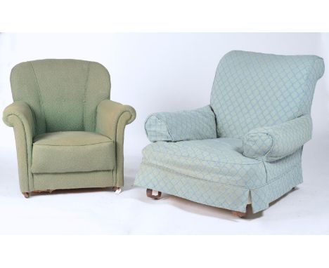 AN UPHOLSTERED ARMCHAIR WITH LOOSE COVER, ON BUN FEET AND A SMALL UPHOLSTERED ARMCHAIR WITH BUTTON PIPED BACK IN GREEN FABRIC