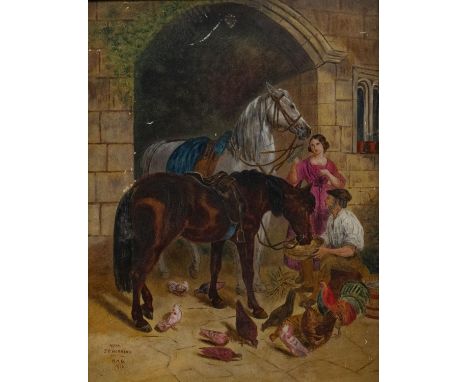 ENGLISH SCHOOL, 1Q909 - HORSES IN WINTER, SIGNED WITH INITIALS MMG AND DATED, OIL ON CANVAS BOARD, 15 X 32CM AND FIVE OTHER P