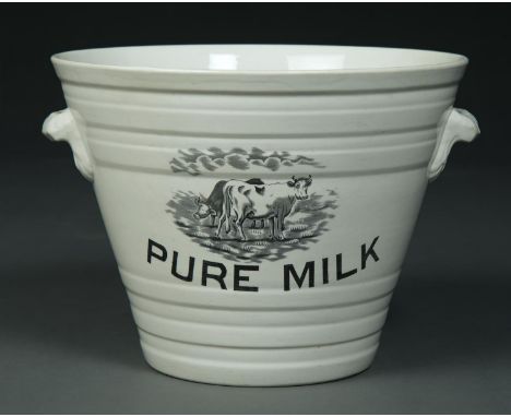 DAIRY ANTIQUES. A WHITE EARTHENWARE MILK PANCHEON FOR ABBOTT, FIELD &amp; CO LIMITED, C1910, TRANSFER PRINTED IN BLACK WITH C