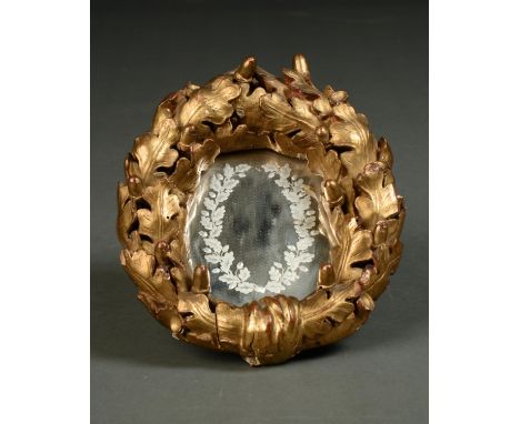 A&nbsp; VICTORIAN MINIATURE GILTWOOD&nbsp; OAK LEAVES AND ACORNS MIRROR, C1850, THE ORIGINAL PLATE ENGRAVED TO MATCH, 24CM H 
