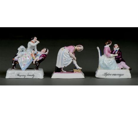 "SLEEPING BEAUTY", "BEFORE MARRIAGE" AND ANOTHER ["THE SEARCH"]. THREE GERMAN PORCELAIN FAIRINGS, C1860-75, THE BASE UNGLAZED