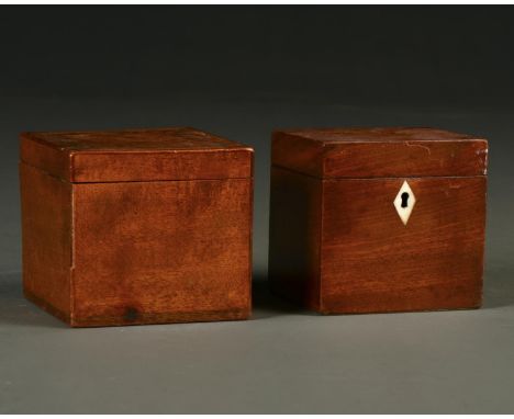 A GEORGE III MAHOGANY TEA CADDY, C1800, 10CM H AND ANOTHER WITH FIGURED VENEER SQUARE TO LID (2)  Mahogany caddy lacks lock a