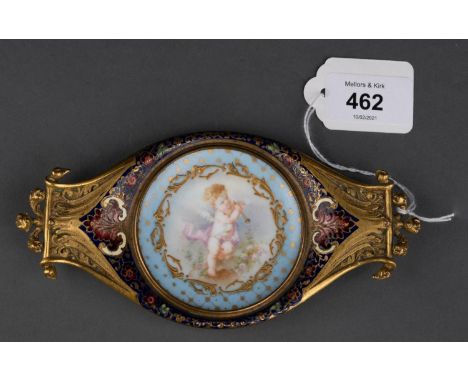 A FRENCH ORMOLU AND CHAMPLEVE ENAMEL PIN TRAY SET WITH A SEVRES STYLE PORCELAIN DISH, EARLY 20TH C, PAINTED WITH AN AMORINO I