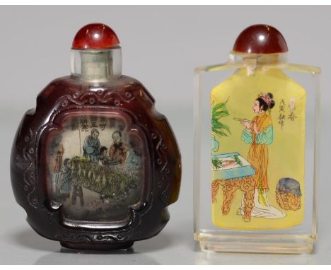 A CHINESE RUBY CASED AND INTERIOR PAINTED GLASS SNUFF BOTTLE AND ANOTHER CHINESE INTERIOR PAINTED GLASS SNUFF BOTTLE, 20TH C,
