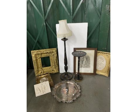 A BLACK JAPANNED CANDLESTICK FORM STANDARD LAMP, C1930, 93CM H EXCLUDING FITMENT, A CHINOISERIE JAPANNED STAND, AN EPNS SALVE