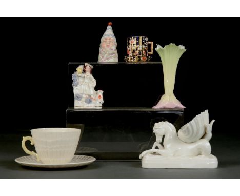 MR CAUDLE.&nbsp; A ROYAL WORCESTER CANDLE EXTINGUISHER, 1903, 80MM H, PUCE PRINTED MARK,&nbsp; A BELLEEK SEAHORSE AND SHELL, 