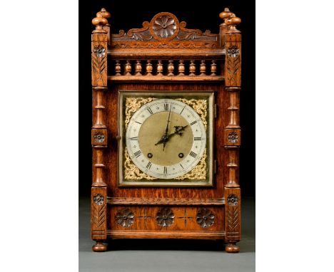 A GERMAN OAK MANTEL CLOCK, WINTERHALDER AND HOFMEIER, LATE 19TH C, THE MOVEMENT STRIKING ON A COILED WIRE GONG, THE SQUARE BR