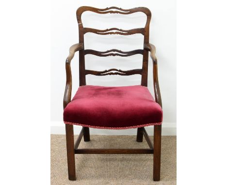 A MAHOGANY LADDER BACK ELBOW CHAIR, 20TH C, DISHED SEAT, SEAT HEIGHT 43CM  Slight handling wear but structurally sound