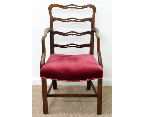 A MAHOGANY LADDER BACK ELBOW CHAIR, 20TH C, DISHED SEAT, SEAT HEIGHT 43CM  Slight handling wear but structurally sound