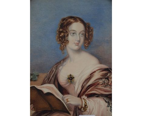 ENGLISH SCHOOL, MID 19TH C - PORTRAIT OF A YOUNG WOMAN HOLDING AN OPEN BOOK, WATERCOLOUR, OCTAGONAL, 29.5 X 23CM  Good condit