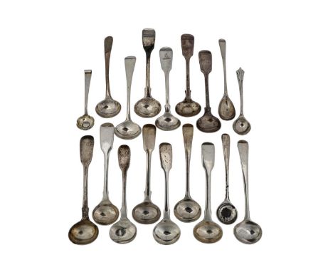 EIGHTEEN MAINLY GEORGE III - VICTORIAN SILVER SALT AND MUSTARD SPOONS, LATE 18TH / EARLY 20TH C, 5OZS 15DWTS  In typical aver