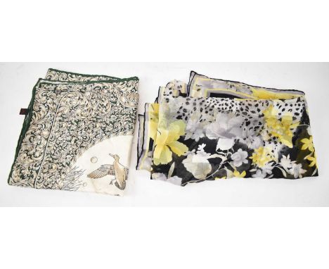 LEONARD; a large black, lilac and yellow 100% silk scarf and another cream and green example (2).