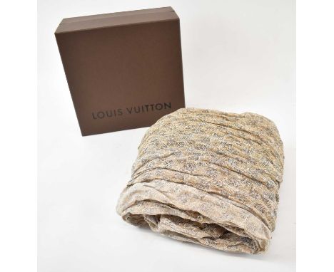 LOUIS VUITTON; a large brown and tan scarf with logo to one end, in original box.