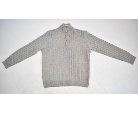 LORO PIANA; a beige 100% cashmere half button rib knit sweater, size 50.