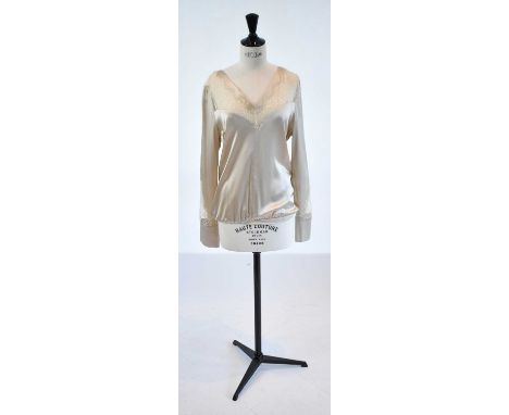 CHRISTIES A PORTER; a beige 100% silk and cream lace V-neck blouse body, size 42.