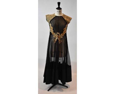 RIDHI MEHRA; a black and silk taffeta full length evening dress with gold embroidered embellishments, size small.