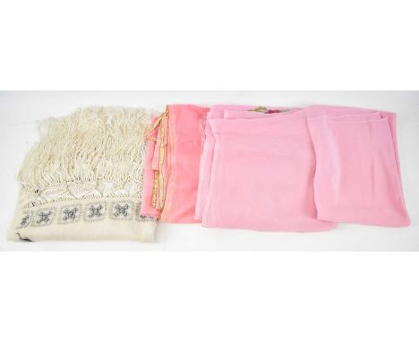 A pink floral silk scarf, another similar with gold trim and a large cream cashmere shawl with diamante bead embellishment an