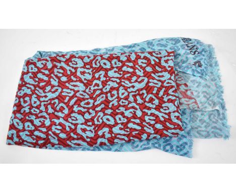 ARMANI JEANS; a large turquoise and red animal print scarf.