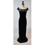 AZZARO; a navy blue velvet and black lace floor length evening dress, size 8.