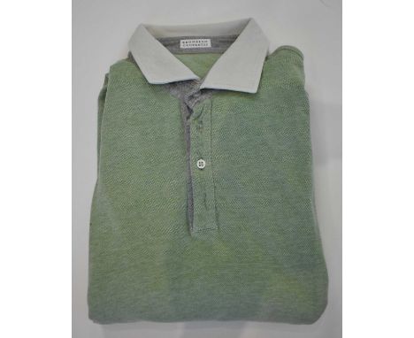 BRUNELLO CUCINELLI; a light green cotton long sleeve polo shirt, size 50.