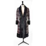 LOUIS VUITTON; a navy blue, red and cream tweed full length coat, trimmed with blue mink, size 38.