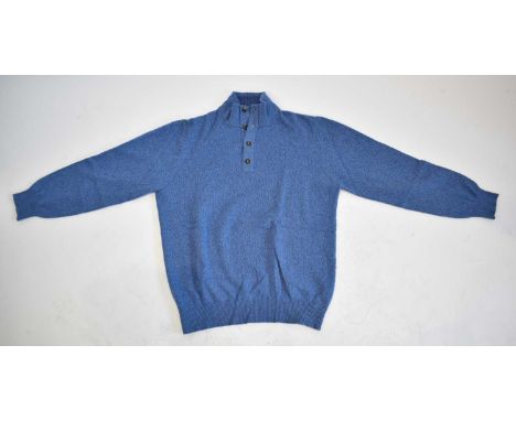 LORO PIANA; a blue 100% cashmere half button sweater, size 52.