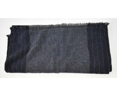 LORO PIANA; a blue and grey herringbone pattern 100% cashmere scarf with fringing.