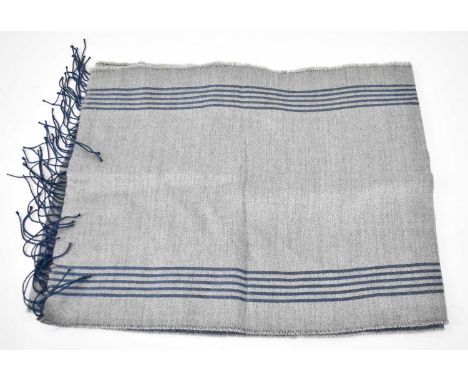 PRINGLE; a grey 100% cashmere scarf with blue stripes and fringing.