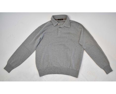 LORO PIANA; a grey 100% baby cashmere button-up polo shirt, size 50.