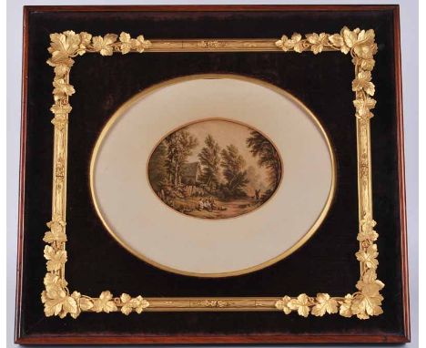 After George Morland, oval bucolic print with figures in a lane, marked 'Le Blonde &amp; Co' lower right, in oval slip mount 