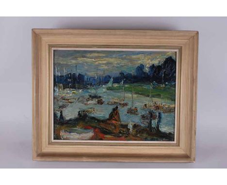 Ronald Ossory Dunlop R.A., R.B.A (British, 1984-1973) The Crowded River signed 'Dunlop' (Lower right) oil on panel 33 x 44.5c
