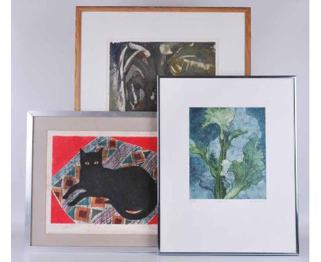Joanne Sweeney limited print 5/5 'Vitesse' frog. A Monica Bond Print 'Sultan' of a black cat on a cushion. And a Sue Henderso