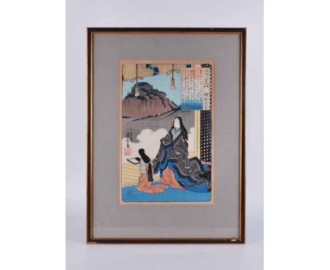 A 19th century Japanese azure-e woodblock print, or Ukiyo-e, of mother and daughter 35.5 cm x 23.5 cm, framed &amp; glazed